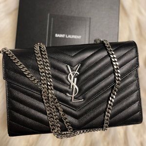 YSL Monogram Large Wallet on Chain in Grained Leather
